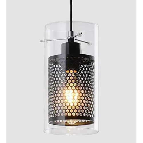 Modern Black Kitchen Light Fixture with Clear Glass and Metal Inner Shade, 1 Light Industrial Mini Pendant Lighting for Kitchen Island Dining Room Farmhouse Cafe Bar Barn