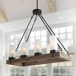 LNC Farmhouse Wood Chandelier Rustic Rectangular Light Fixture with Frosted Glass Shade for Kitchen Island, Dining & Living Room and Bedroom,Large