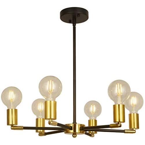 BAODEN 6 Lights Fixture Modern Black & Brass Sputnik Chandelier Mid Century Pendant Light Industrial Semi Flush Mount Hanging Lamps for Dining Bedroom Kitchen Lighting