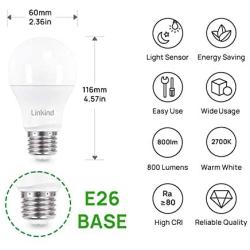 Linkind LED Dusk to Dawn Light Sensor Bulb, A19, 8W (60W Equivalent), 800 Lumen, 2700K Soft White, E26 Base, Auto On/Off, Sensor Light Bulb, UL Listed, Outdoor Indoor for Porch Garage Yard, 2-Pack