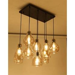 Rectangle 8 Lights Vintage Kitchen Island Cognac Glass Chandelier Pendant Lighting Fixture, Black Finish Flush Mount Ceiling Lights for Island, Dining Room, Cafe, Bar