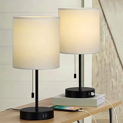 Table Lamps Set of 2, Bedside Lamps with Dual USB Quick Charging Ports, Desk Lamps with Metal Base White Fabric Lamp Shade for Bedroom Living Room Study Room Office Dressing Room