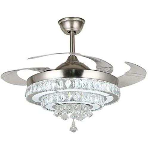 BIGBANBAN Crystal Pendant Light Ceiling Fans,Modern LED Ceiling Fans Light with 4-Blades Retractable for Dining Room/Bedroom 42 inch (Sliver)