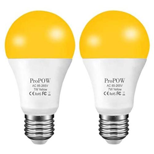 Amber Yellow LED Bug Light Bulb,ProPOW 7W Dusk to Dawn Bug Bulbs 40W Equivalent A19 Auto on/Off LED Bulbs Outdoor Bug Lights 580 Lumens Porch Lights(Non-Dimmable,E26,2200K,2 Pack)