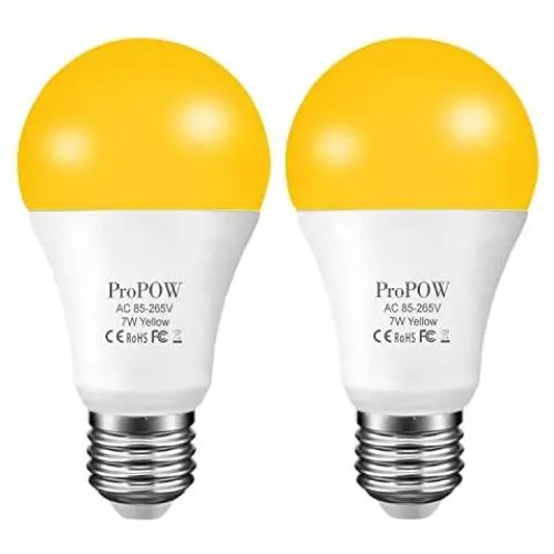 Amber Yellow LED Bug Light Bulb,ProPOW 7W Dusk to Dawn Bug Bulbs 40W Equivalent A19 Auto on/Off LED Bulbs Outdoor Bug Lights 580 Lumens Porch Lights(Non-Dimmable,E26,2200K,2 Pack)