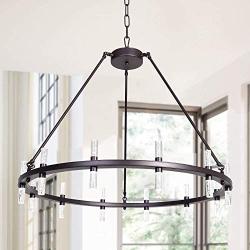 MEEROSEE LED Chandelier Modern Farmhouse Pendant Lighting Fixture D35.43'' Acrylic Shade 24 Lights Round Rustic Dining Room Oil Rubbed Bronze Chandeliers for Island Living Room Dimmable