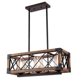 Giluta Kitchen Island Pendant Light Rectangle Wood Metal Chandelier Black Finish Rustic Industrial Chandelier Vintage Ceiling Light Fixture 3 Lights with Seeded Glass Shade (17809)