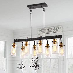 Modern Farmhouse Eight-Light Dining Room Lighting Fixtures, Rectangular Kitchen Lights Ceiling Hanging Light, Simplicity Modern Chandeliers Black Pendant Light with Seeded Glass Shades