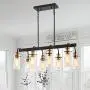Modern Farmhouse Eight-Light Dining Room Lighting Fixtures, Rectangular Kitchen Lights Ceiling Hanging Light, Simplicity Modern Chandeliers Black Pendant Light with Seeded Glass Shades