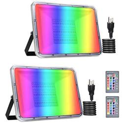 Bikuer 2 Pack 100W RGB LED Flood Lights with Remote Control, IP67 Waterproof Dimmable Color Changing Floodlight, Wall Washer Light, Outdoor Indoor Decorative Landscape Garden Light (100W with Plug)