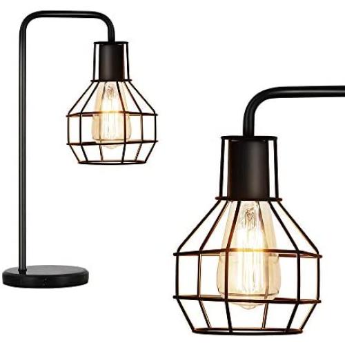 Table Lamp Metal Cage Bedside Nightstand Desk Lamp Industrial Light with Marble Base for Reading Bedroom Living Room Office, Black