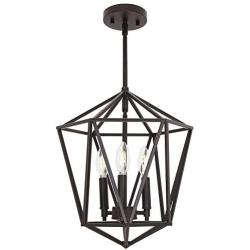 VINLUZ 3 Light Industrial Farmhouse Chandeliers Oil Rubbed BronzeMetal Geometric Lantern Pendant Lighting, Candle-Style Hanging Light Fixtures Ceiling for Kitchen Island Dining Room Bedroom