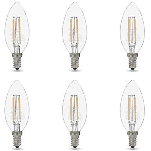 Amazon Basics 60W Equivalent, Clear, Soft White, Dimmable, 15,000 Hour Lifetime, B11 (E12 Candelabra Base) LED Light Bulb | 6-Pack
