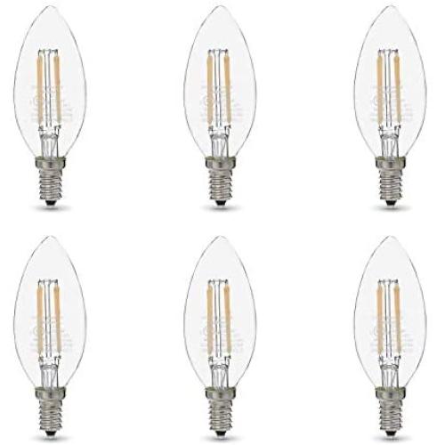 Amazon Basics 60W Equivalent, Clear, Soft White, Dimmable, 15,000 Hour Lifetime, B11 (E12 Candelabra Base) LED Light Bulb | 6-Pack