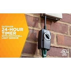 Woods 2001WD Outdoor UL Listed 24 Hour Dusk until Dawn Outlet w/Photocell Light Sensor, Settings for on, off, dusk till dawn, or on at dusk & 2, 4, 6, 8 hour countdown, 1 Grounded Outlet, 6'' Cord