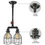 Industrial Vintage Brushed Iron Cage Ceiling Lamp Chandelier - LITFAD Edison Ceiling Light Island Light Double LED Hanging Lantern with Red Valve Water Pipe Pendant Light with 2 Lights