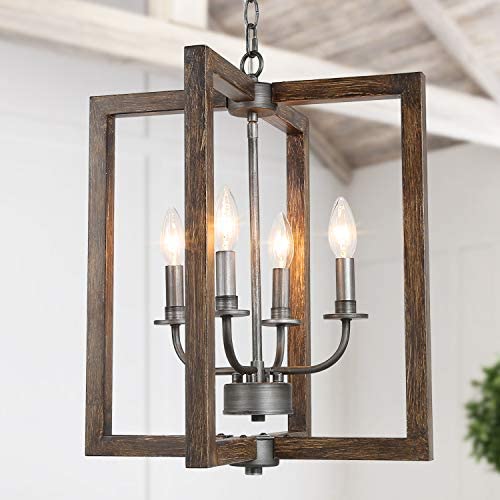 KSANA Farmhouse Chandelier, 4-Light Foyer Lighting for Dining Room, Faux-Wood Kitchen Island Lighting 20''H x 16.5''W