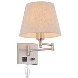 Bedside Wall Mount Light with Dimmable Switch and Outlet, Swing Arm Fabric Shade Wall Sconce Light with USB Port and Plug in Cord, Satin Nickel Wall Lamp for Bedroom, Living Room and Hotel