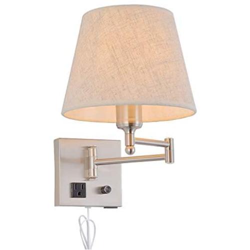 Bedside Wall Mount Light with Dimmable Switch and Outlet, Swing Arm Fabric Shade Wall Sconce Light with USB Port and Plug in Cord, Satin Nickel Wall Lamp for Bedroom, Living Room and Hotel