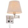 Bedside Wall Mount Light with Dimmable Switch and Outlet, Swing Arm Fabric Shade Wall Sconce Light with USB Port and Plug in Cord, Satin Nickel Wall Lamp for Bedroom, Living Room and Hotel