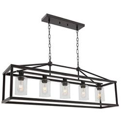 BONLICHT Industrial Rustic Farmhouse Chandelier 5 Light Modern Rectangle Dining Room Light Fixture Hanging Oil Rubbed Bronze Kitchen Island Cage Pendant Lighting with Clear Glass Shade for Hallway Bar