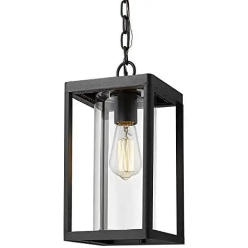 Beionxii Outdoor Pendant Light, Modern Exterior Hanging Porch Lantern, Sanded Black Aluminum with Clear Cylinder Glass - A291H-1PK