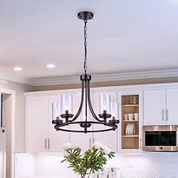 Loclgpm Black Candle Chandelier, Vintage Industrial 5 Lights Pendant Light with Clear Glass Shade, Semi Flush Mount Ceiling Lighting Fixture for Bedroom Dining Room Kitchen Island Living Room Hallway