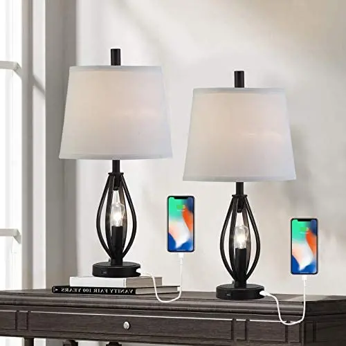 Modern Farmhouse Table Lamp Sets of 2 with 2 USB Ports Pulg in Industrial Nightlight Open Column Bedside Nightstand Light Lamps for Bedroom Living Room, White Fabric Shade, 2-Pack Modern Farmhouse Table Lamp Sets of 2 with 2 USB Ports Pulg in Industrial Nightlight Open Column Bedside Nightstand Light Lamps for Bedroom Living Room, White Fabric Shade, 2-Pack