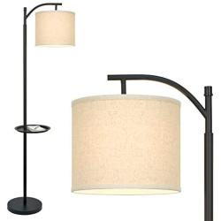 Kira Home York 63'' Minimalist Tray LED Floor Lamp (7W LED, Energy Efficient/Eco-Friendly) + Honey Beige Shade - Modern Standing Arc Light with Hanging Lamp Shade, Black Finish