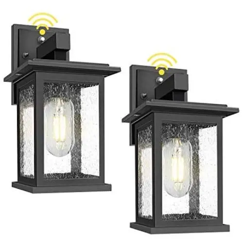 2-Pack Outdoor Wall Lanterns with Dusk to Dawn Sensor Photocell Exterior Porch Light Fixtures, Waterproof, Anti-rust, Matte Black Outside Wall Sconces with Seeded Glass for Entryway Garage, E26 Socket