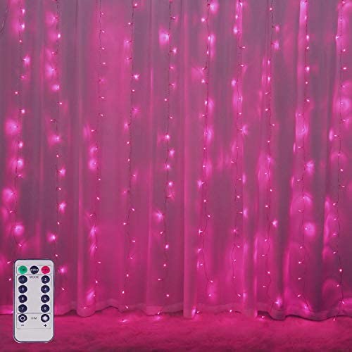 Window Curtain Lights, 8 Lighting Modes, Fairy String Lights, Remote Control USB Powered Waterproof Icicle Lights With Timer, Indoor Outdoor Decorative for Bedroom, Party, Wedding (Pink)