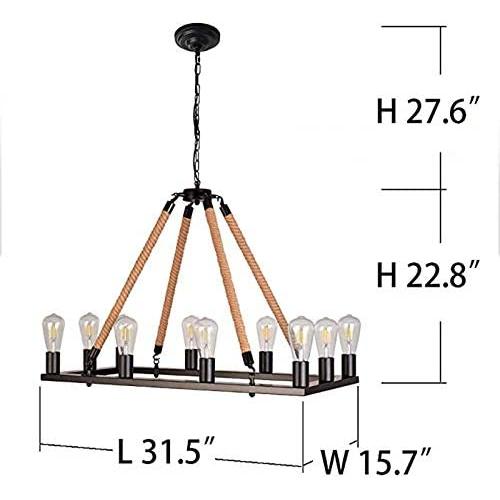 10 Lights W31.5 Rectangle Vintage Rope Barn Chandelier Kitchen Rustic Wagon Wheel Pendant Farmhouse Island Chandeliers Ceiling Light Fixture for Dining Living Room Cafe Hallways Entryway
