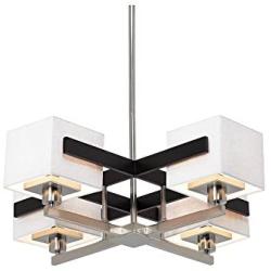 Quartet Brushed Nickel Pendant Chandelier 28'' Wide Modern Dark Mocha Wood Off White Fabric 4-Light Fixture for Dining Room House Island Entryway Bedroom Living Room - Possini Euro Design