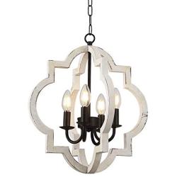 Farmhouse Orb Chandelier, 4-Light Hand-Painted Distressed Wood Hanging Light Fixture for Island Dining Foyer Entryway Lighting. (White, 4-Light)