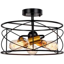 Semi Flush Mount Ceiling Light, CHICLUX 3-Lights Industrial Vintage Pendant Lighting Cylinder Geometric Lamp Fixture for Living Room Kitchen Office Porch Hallway, 14 Inches