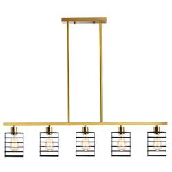 BAODEN 5-Light Industrial Kitchen Island Pendant Lighting Brushed Brass Modern Linear Ceiling Light Fixtures with Matte Black Metal Cage Shades Semi Flush Mount Farmhouse Chandelier for Dining Room