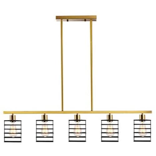 BAODEN 5-Light Industrial Kitchen Island Pendant Lighting Brushed Brass Modern Linear Ceiling Light Fixtures with Matte Black Metal Cage Shades Semi Flush Mount Farmhouse Chandelier for Dining Room