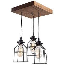 West Ninth Vintage Old Elm Wood Multi Pendant Farmhouse Chandelier - Modern Farmhouse Home Decor - Kitchen Island - Bar - Rustic Accent Light - Early American Stain - 3 sockets - Black Metal Cages