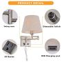Bedside Wall Mount Light with Dimmable Switch and Outlet, Swing Arm Fabric Shade Wall Sconce Light with USB Port and Plug in Cord, Satin Nickel Wall Lamp for Bedroom, Living Room and Hotel