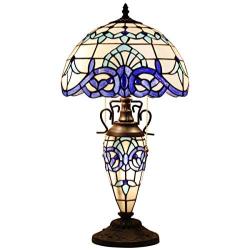 Tiffany Lamp W12H22 Inch White Blue Baroque Stained Glass Reading Style Bedside Table Night Light Coffee Base S003B WERFACTORY Lamps Lover Girlfriend Living Room Bedroom Study Office Nightstand Gifts