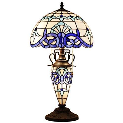 Tiffany Lamp W12H22 Inch White Blue Baroque Stained Glass Reading Style Bedside Table Night Light Coffee Base S003B WERFACTORY Lamps Lover Girlfriend Living Room Bedroom Study Office Nightstand Gifts