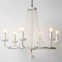 Jiuzhuo Rustic Vintage Candle Style Crystal Bead Strands Metal Wheel Large Chandelier Lighting Hanging Ceiling Fixture,Distressed White (6-Light)