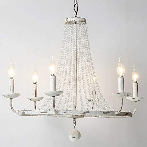 Jiuzhuo Rustic Vintage Candle Style Crystal Bead Strands Metal Wheel Large Chandelier Lighting Hanging Ceiling Fixture,Distressed White (6-Light)