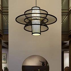 LITFAD Multi Tiers Ceiling Pendant Light 1 Light LED Pendant Lamp Modern Handmade Bamboo Hanging Light for Dining Room Restaurant Living Room - Black, 23.5''(60 cm)