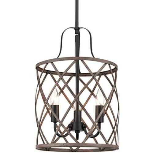 Vintage Kitchen Ceiling Pendant Light,Farmhouse Drum Chandeliers for Dining Room,Adjustable Height,Wood Finish,3-Light