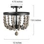 Bead Ceiling Light, Farmhouse Semi Flush Mount Light Fixture, Bohemian Wood Chandelier for Dining Room, Entryway, 12” L x 13.5” H