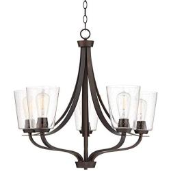 Merriman Bronze Chandelier 28'' Wide Industrial Clear Seeded Glass 5-Light Fixture for Dining Room House Foyer Kitchen Island Entryway Bedroom - Franklin Iron Works