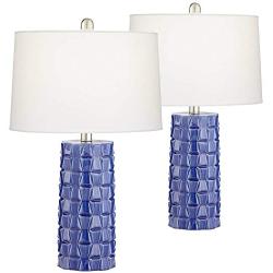 Rico Modern Table Lamps Set of 2 Textured Blue Ceramic Column White Drum Shade for Living Room Bedroom Bedside Nightstand Office Family - 360 Lighting