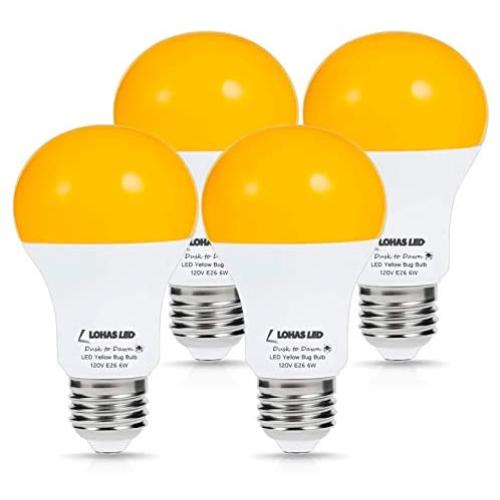 LOHAS Yellow LED Bug Light Bulb, Amber Yellow Bug Outdoor Porch Lights, A19 Dusk to Dawn Sensor Bug Light 40W Equivalent, E26 Security Auto On/Off LED Bulb, 500LM Yellow Bulbs for Bug Outdoor, 4Pack