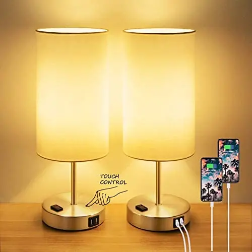 Set of 2 Touch Control Table Lamp White, 3-Way Dimmable Nightstand Lamps with 2 USB Ports&AC Outlet Fabric Round Bedside Table Lamps for Bedroom Living Room Desk Silver Base, Warm White Bulbs Included